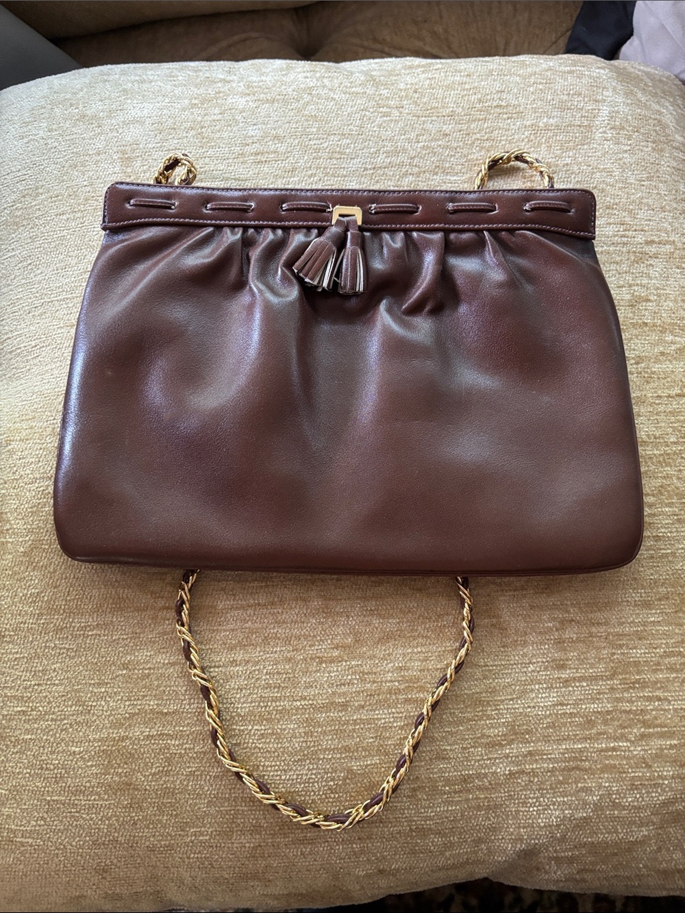 Susan Gail Brown Leather Shoulder Bag with Tassel and Chain Strap